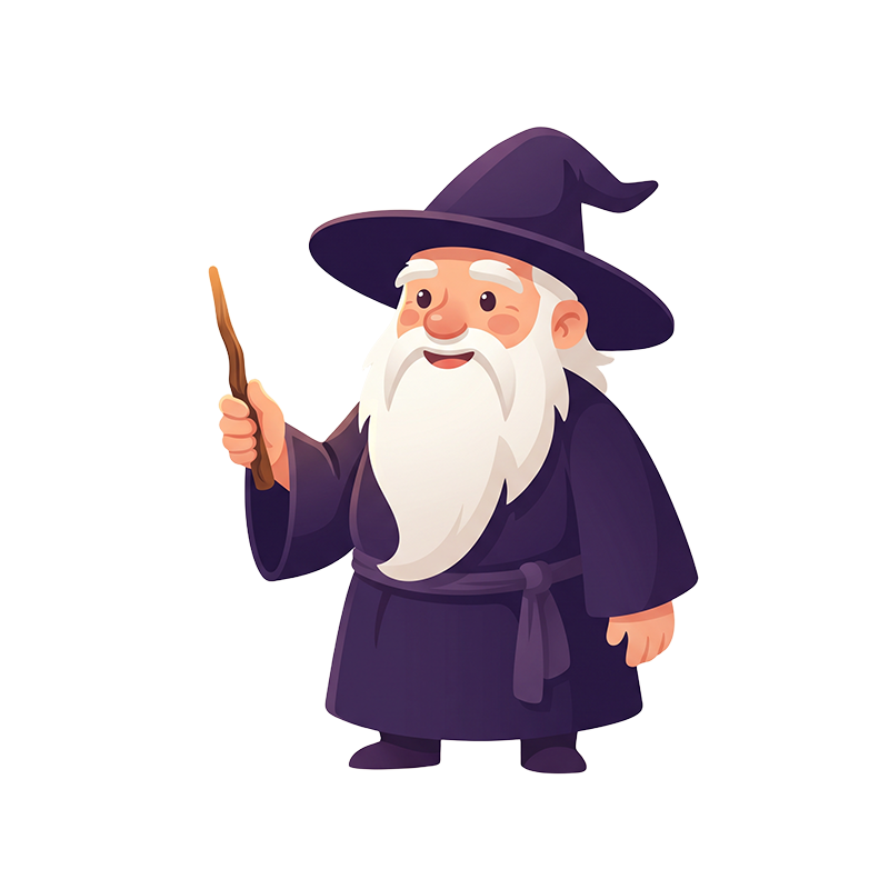 Merlin, the MerlinFlows mascot wizard in a dark violet robe